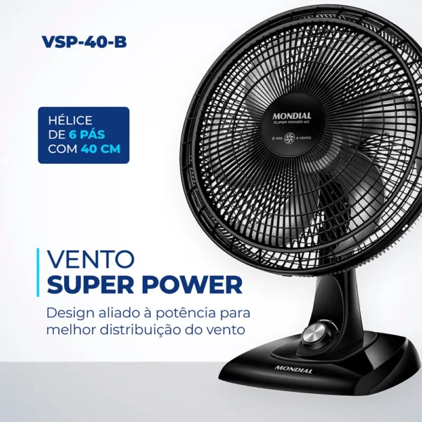 Ventilador de Mesa com 6 Pás Super Power Preto e Cinza 40CM - VSP-40-B - Mondial - Image 2
