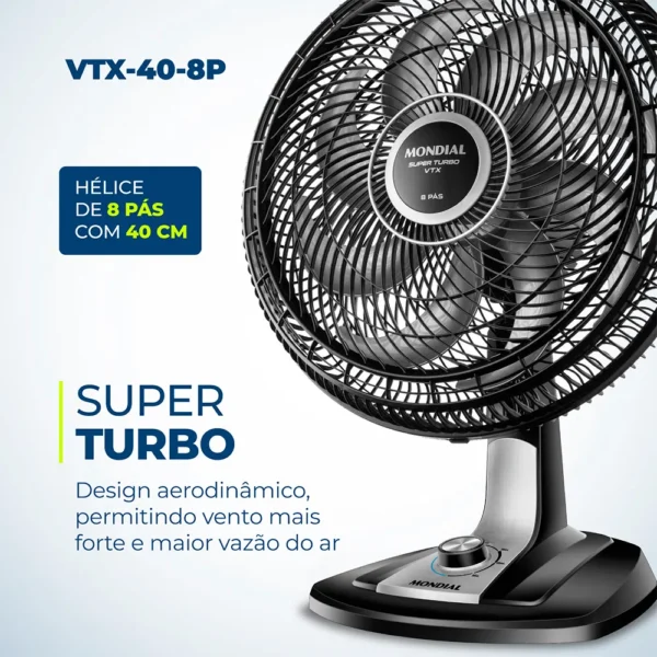 Ventilador de Mesa com 8 Pás Super Silencioso Tubo Preto e Cinza 40CM 140W - VTX-40 - Mondial - Image 2
