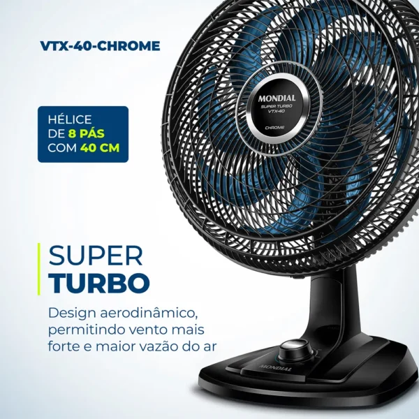 Ventilador de Mesa 40cm 8 Pás e 3 Velocidades Preto e Azul VTX-40-CHROME Mondial - Image 2