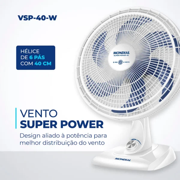 Ventilador de Mesa com 6 Pás Super Power Branco e Azul 40CM - VSP-40-B - Mondial - Image 2