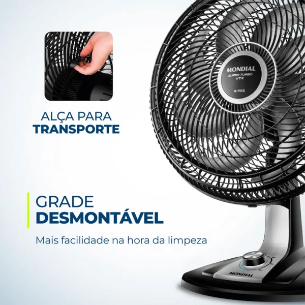 Ventilador de Mesa com 8 Pás Super Silencioso Tubo Preto e Cinza 40CM 140W - VTX-40 - Mondial - Image 5