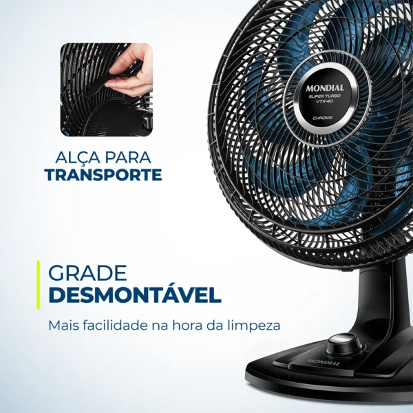 Ventilador de Mesa 40cm 8 Pás e 3 Velocidades Preto e Azul VTX-40-CHROME Mondial - Image 5