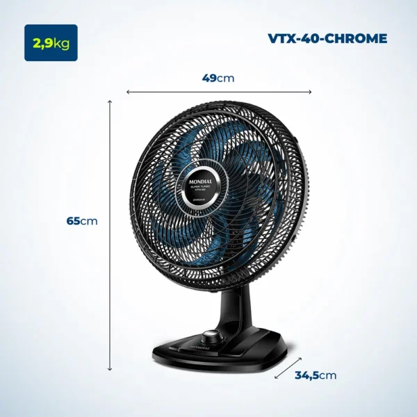 Ventilador de Mesa 40cm 8 Pás e 3 Velocidades Preto e Azul VTX-40-CHROME Mondial - Image 6