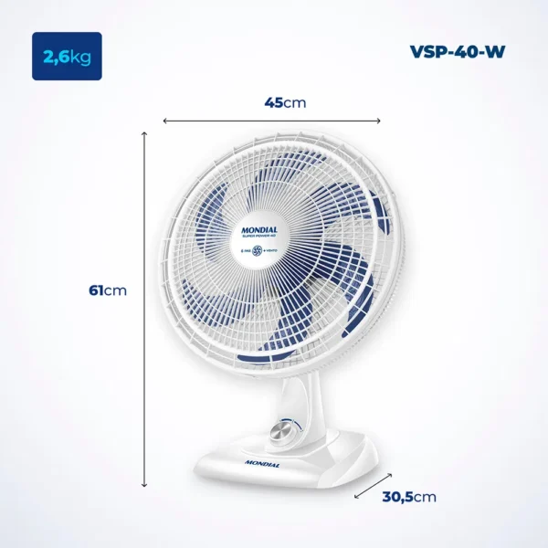 Ventilador de Mesa com 6 Pás Super Power Branco e Azul 40CM - VSP-40-B - Mondial - Image 6