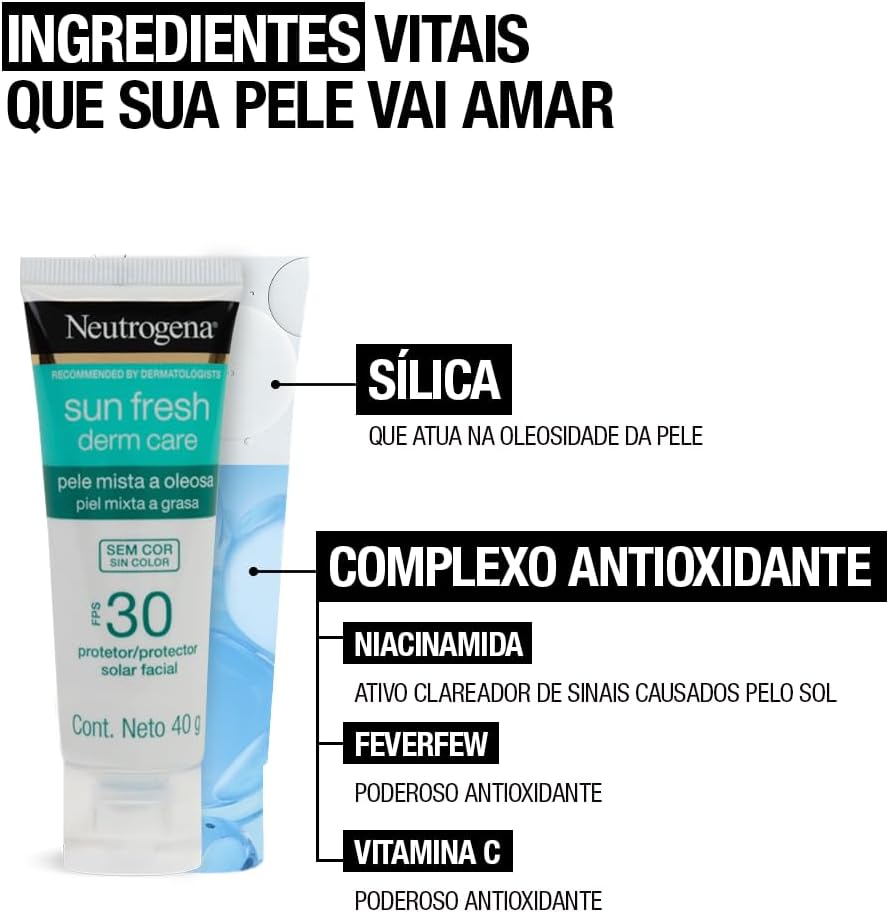 Neutrogena Sun Fresh Protetor Solar Facial Derm Care, Pele Oleosa, Sem/Com Cor, FPS 70, 40g - Image 15