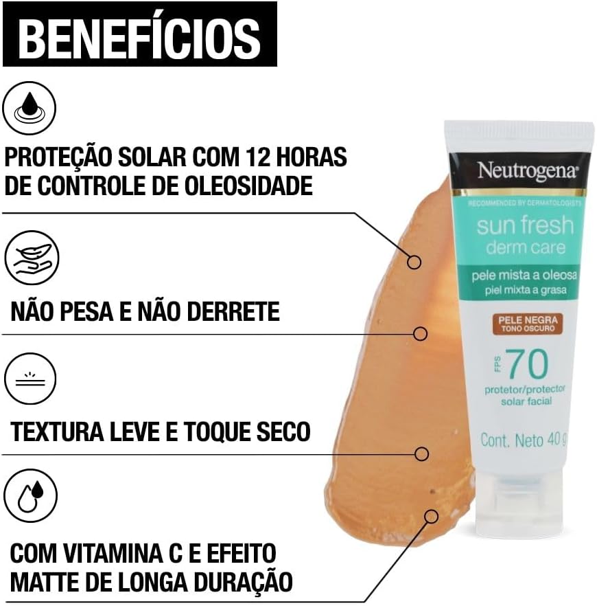 Neutrogena Sun Fresh Protetor Solar Facial Derm Care, Pele Oleosa, Sem/Com Cor, FPS 70, 40g - Image 5