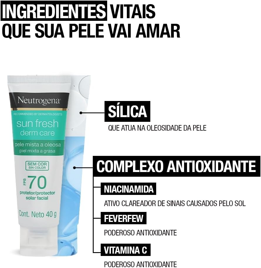 Neutrogena Sun Fresh Protetor Solar Facial Derm Care, Pele Oleosa, Sem/Com Cor, FPS 70, 40g - Image 25