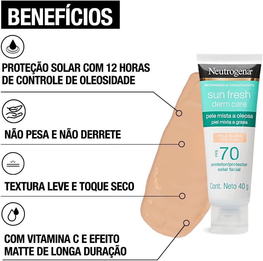 Neutrogena Sun Fresh Protetor Solar Facial Derm Care, Pele Oleosa, Sem/Com Cor, FPS 70, 40g - Image 36
