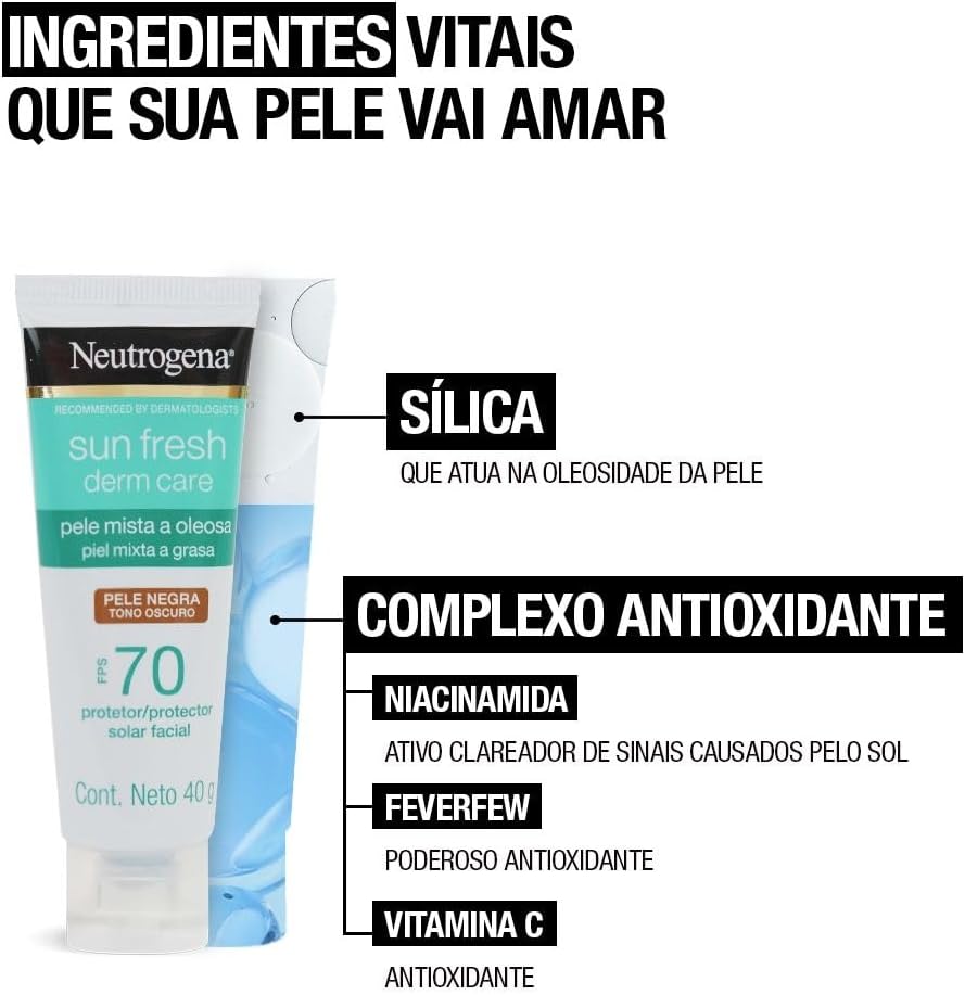 Neutrogena Sun Fresh Protetor Solar Facial Derm Care, Pele Oleosa, Sem/Com Cor, FPS 70, 40g - Image 6