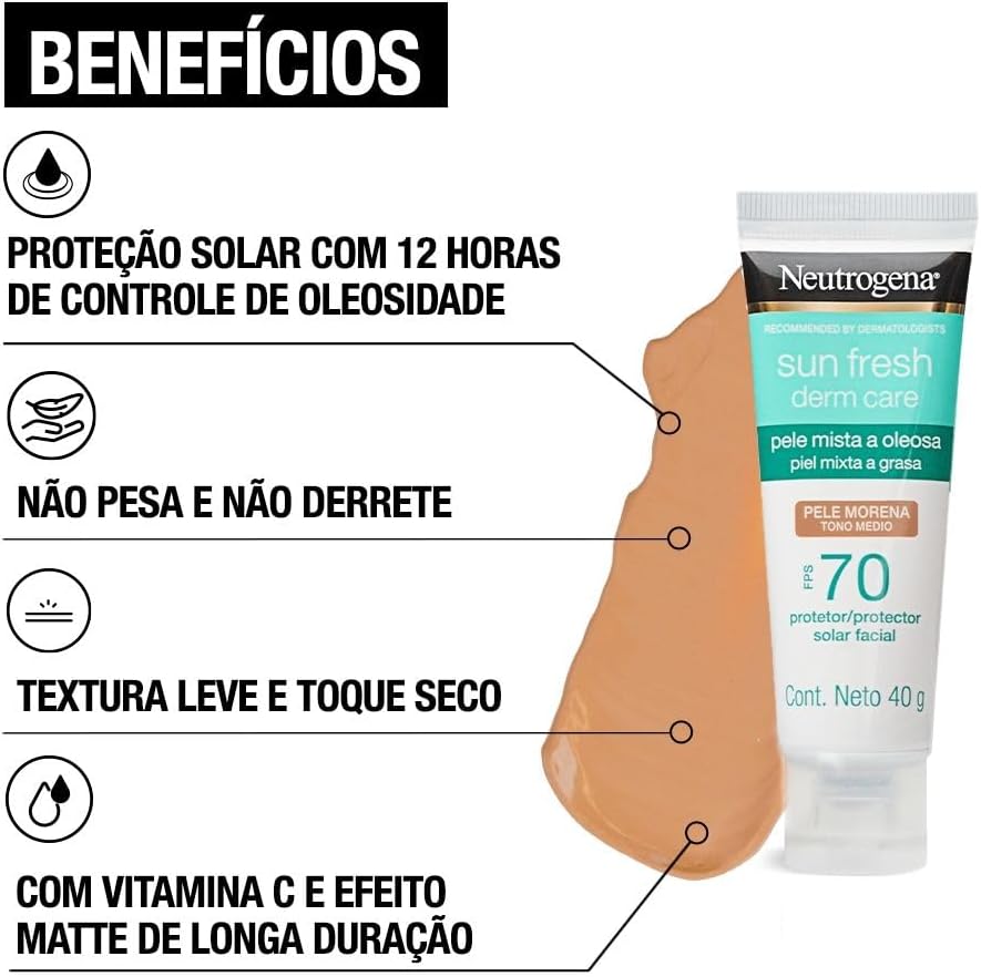 Neutrogena Sun Fresh Protetor Solar Facial Derm Care, Pele Oleosa, Sem/Com Cor, FPS 70, 40g - Image 44