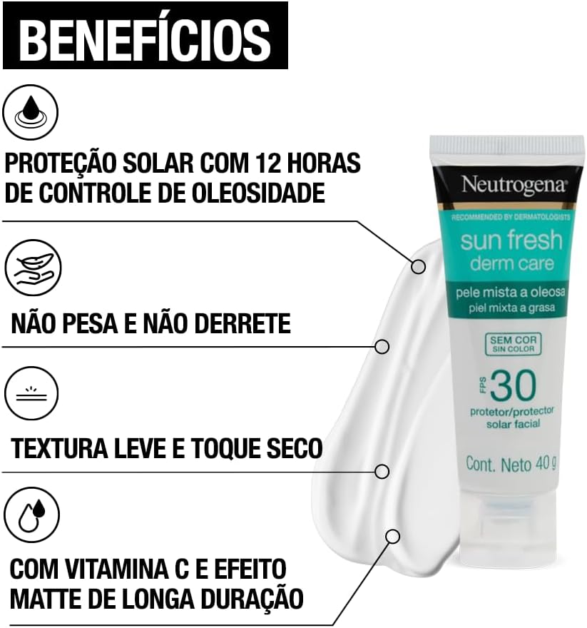 Neutrogena Sun Fresh Protetor Solar Facial Derm Care, Pele Oleosa, Sem/Com Cor, FPS 70, 40g - Image 14