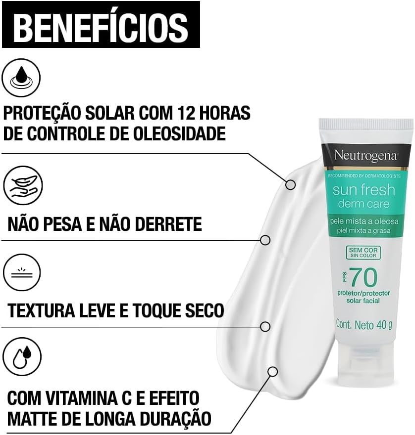 Neutrogena Sun Fresh Protetor Solar Facial Derm Care, Pele Oleosa, Sem/Com Cor, FPS 70, 40g - Image 24