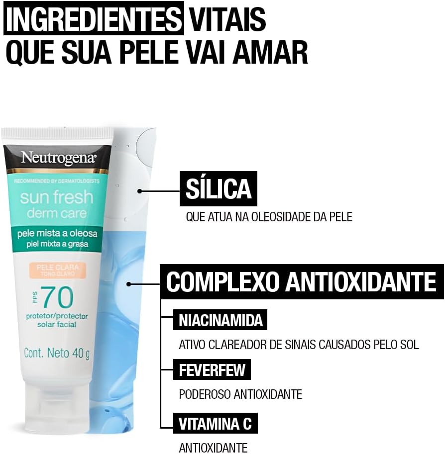 Neutrogena Sun Fresh Protetor Solar Facial Derm Care, Pele Oleosa, Sem/Com Cor, FPS 70, 40g - Image 37